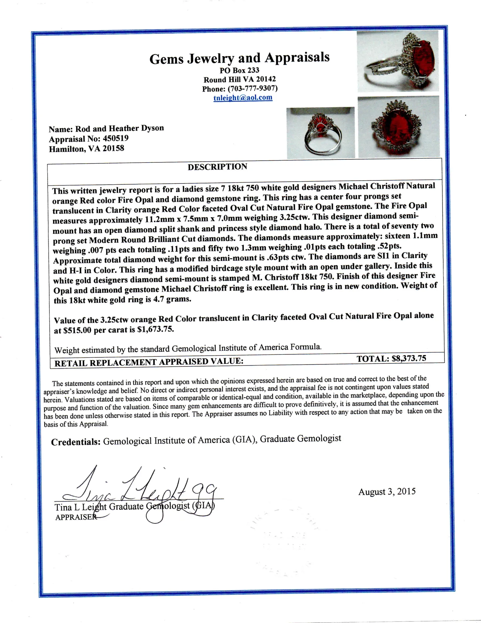 3.25ct Fire Opal and 0.54ct Diamond 18K White Gold Ladies Ring by Michael Christoff