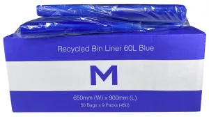 60L Blue Recycled Bin Liners x 450's pack (650mm x 900mm x 30mu)