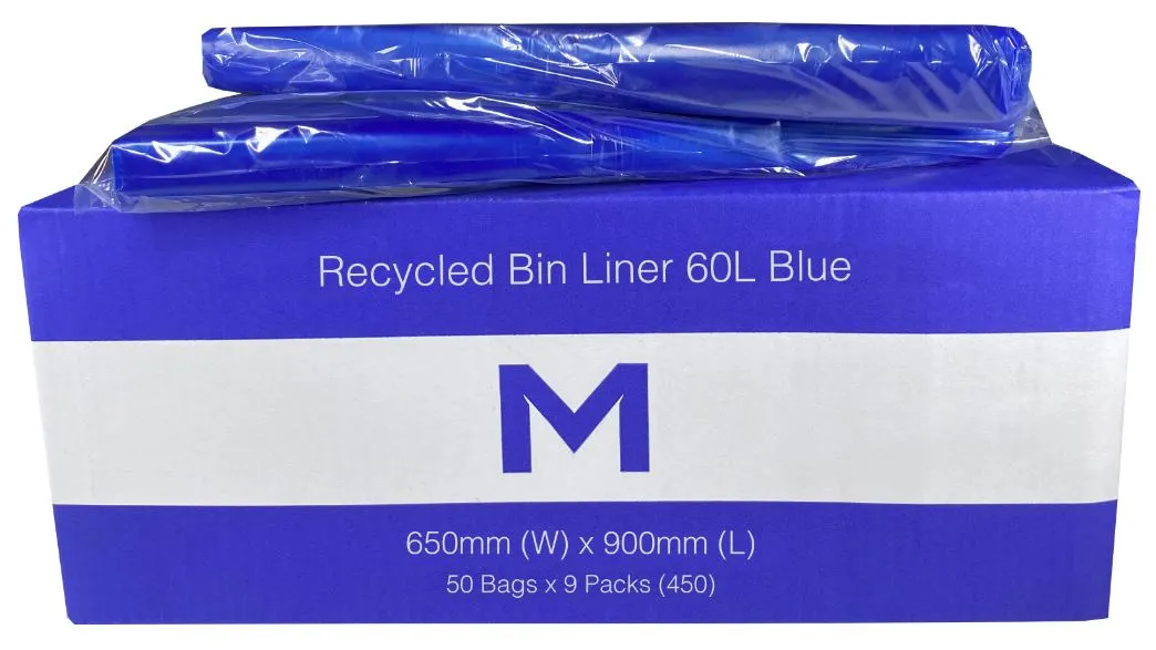60L Blue Recycled Bin Liners x 450's pack (650mm x 900mm x 30mu)