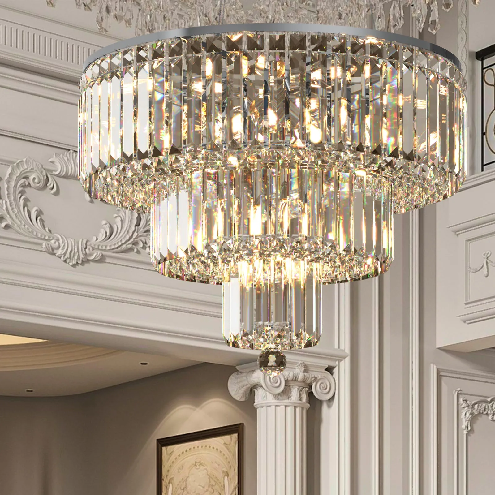 FIZAR K9 Large Contemporary Modern Crystal Chandelier Raindop Round Light Fixture E14 base