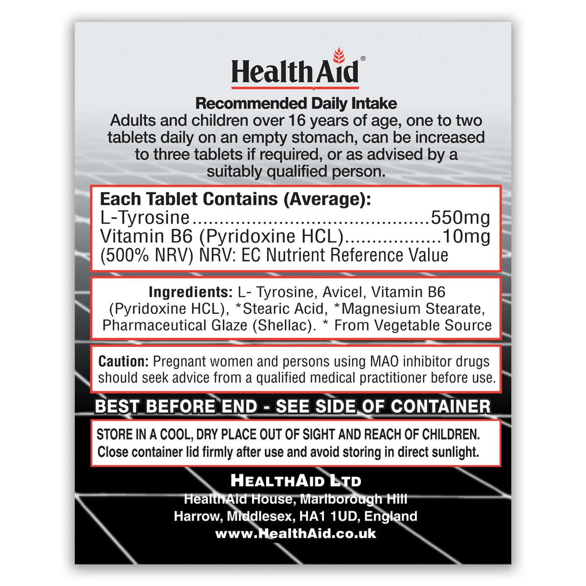 L-Tyrosine 550mg   Vitamin B6 Tablets