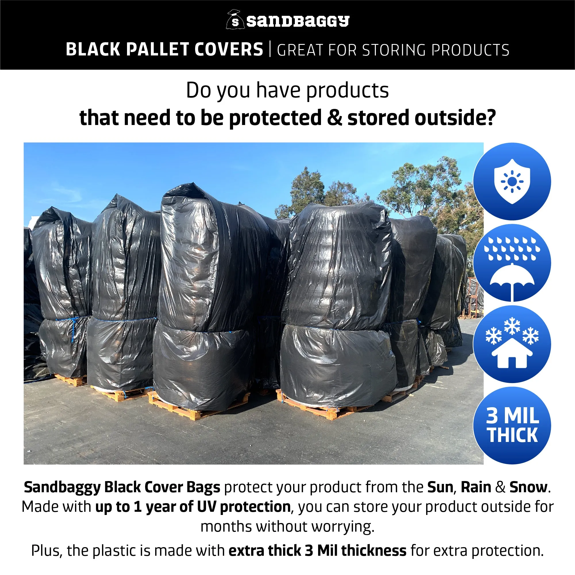 Sandbaggy Black Pallet Covers | Made in USA | Fits Large Pallets Up to 55" x 55" x 75" | Built w/ UV | 1.5 Mil or 3 Mil Thick