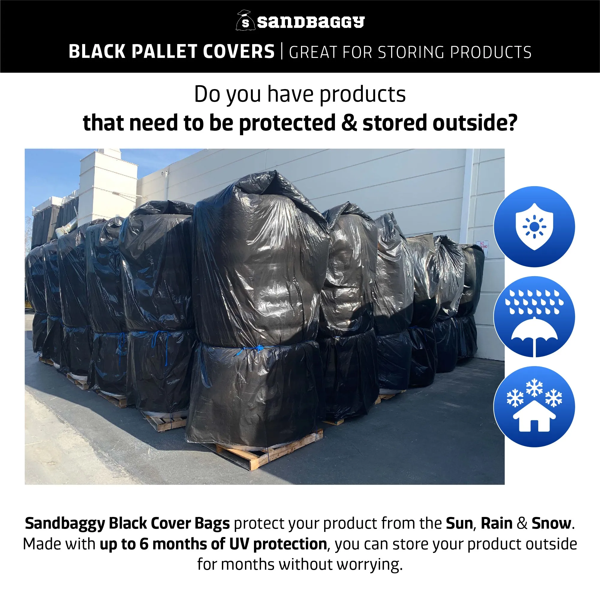 Sandbaggy Black Pallet Covers | Made in USA | Fits Large Pallets Up to 55" x 55" x 75" | Built w/ UV | 1.5 Mil or 3 Mil Thick