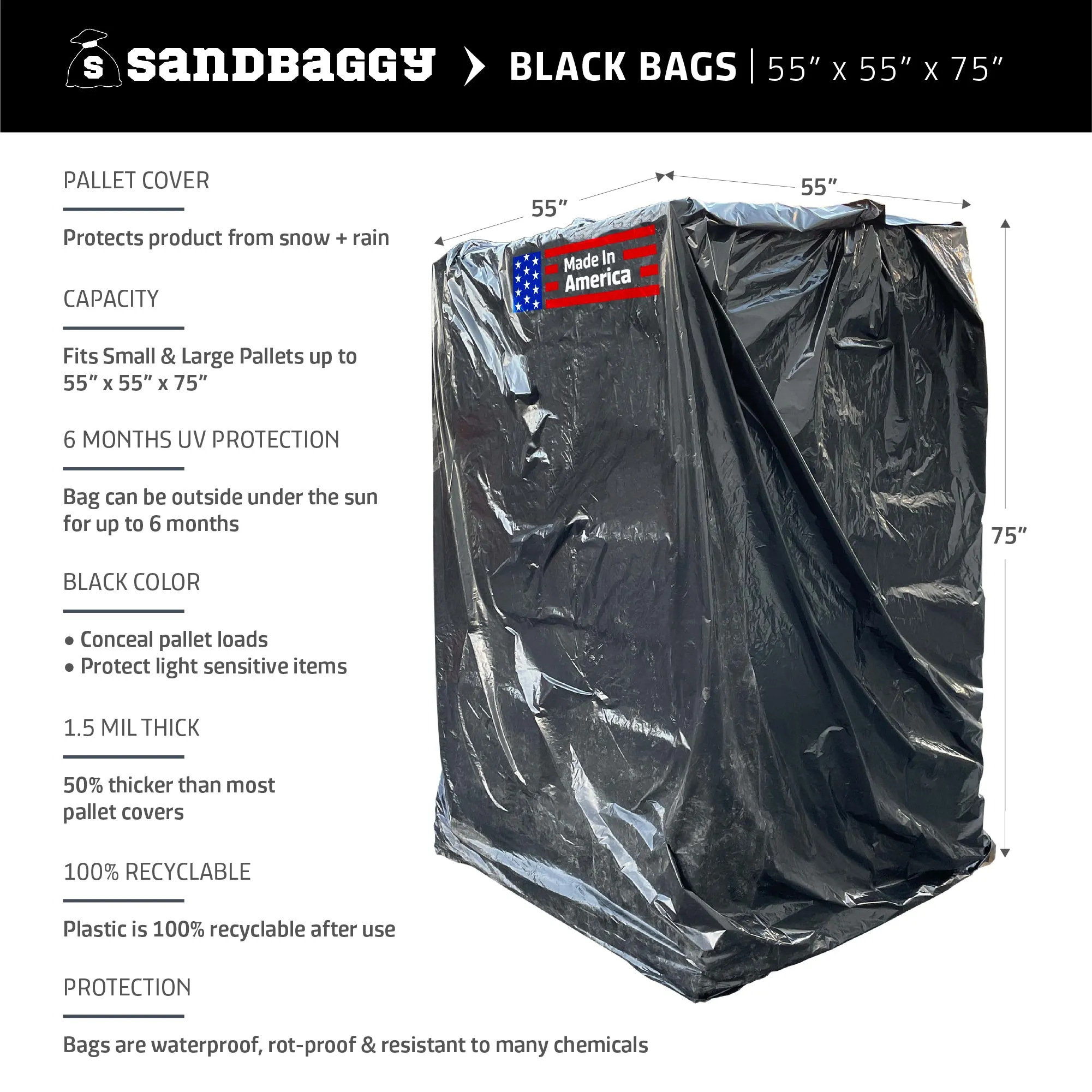 Sandbaggy Black Pallet Covers | Made in USA | Fits Large Pallets Up to 55" x 55" x 75" | Built w/ UV | 1.5 Mil or 3 Mil Thick