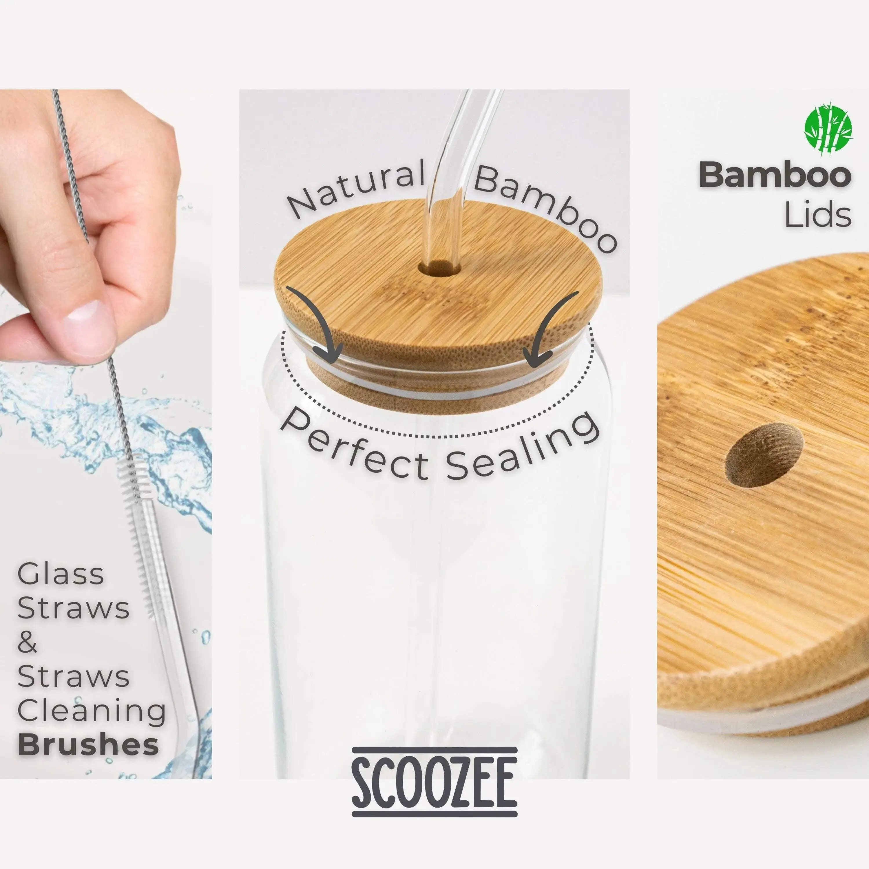 Scoozee 18 oz Drinking Glasses Set of 4 with Bamboo Lids & Glass Straws – Perfect for Iced Coffee, Beer, and Housewarming Gifts