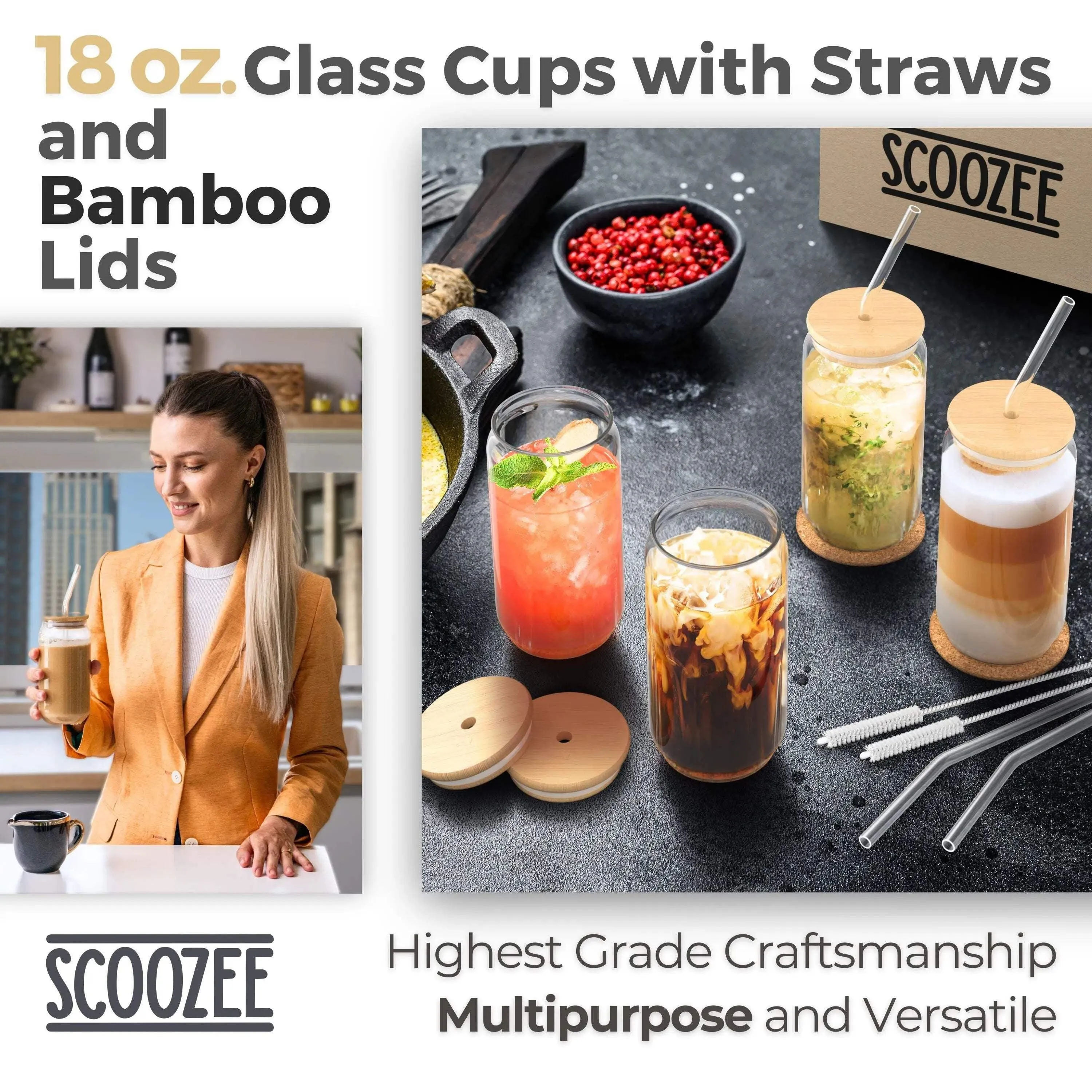 Scoozee 18 oz Drinking Glasses Set of 4 with Bamboo Lids & Glass Straws – Perfect for Iced Coffee, Beer, and Housewarming Gifts