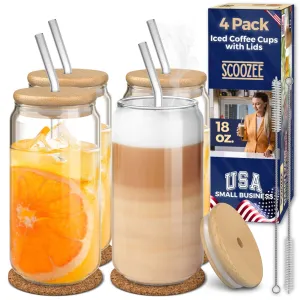 Scoozee 18 oz Drinking Glasses Set of 4 with Bamboo Lids & Glass Straws – Perfect for Iced Coffee, Beer, and Housewarming Gifts