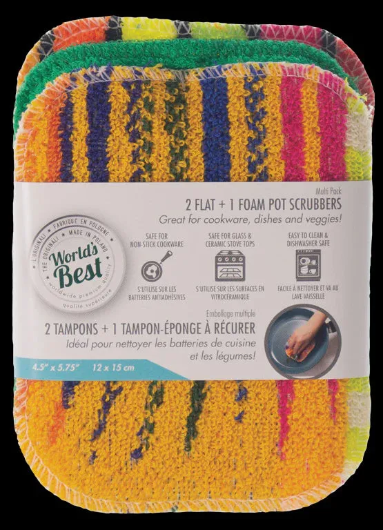 World's Best Multi Pot Scrubbers 2 Flat & 1 Foam Pot Scrubber